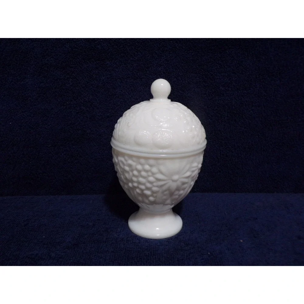 Vintage Avon 1960's Covered White Milk Glass Candy Dish Fruit Pattern 6.5